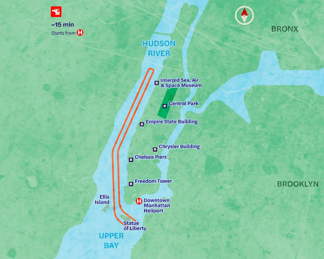 Route of Manhattan helicopter tour