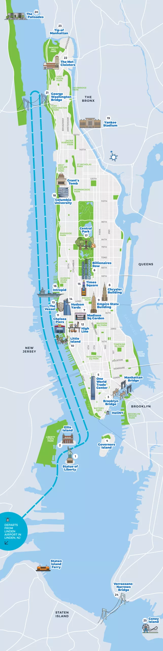 Route of Night time New York City Skyline Tour